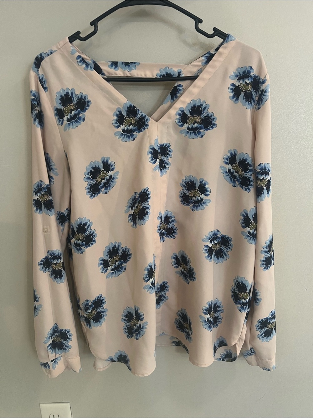 Loft Floral V-Neck Long Sleeve Blouse - Blue Floral on Blush